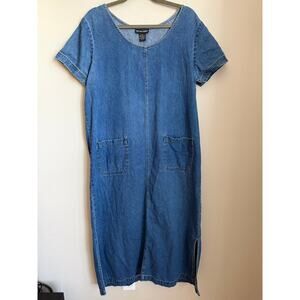 Boston Classics Vintage Cotton Blue Denim Pullover Maxi Dress w Pockets Size 16